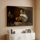Black floater framed canvas of The Lute Player (Hermitage Version), c. 1596 by Caravaggio, featuring a portrait of lute player surrounded by still life arrangement above a console cabinet in a minimalist entryway.