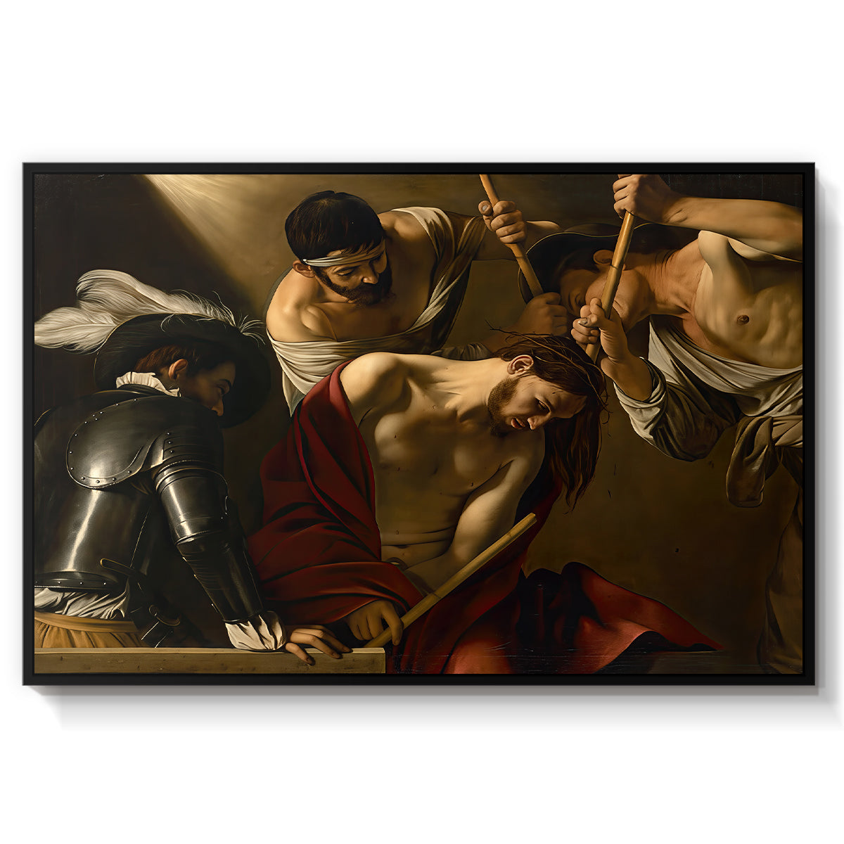 The Crowning with Thorns (Vienna Version), c. 1602-1604 by Caravaggio in a black floater framed canvas wall art display.