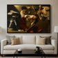 The Crowning with Thorns (Vienna Version), c. 1602-1604 by Caravaggio displayed in a black floater framed canvas above a sofa in a clean living room.