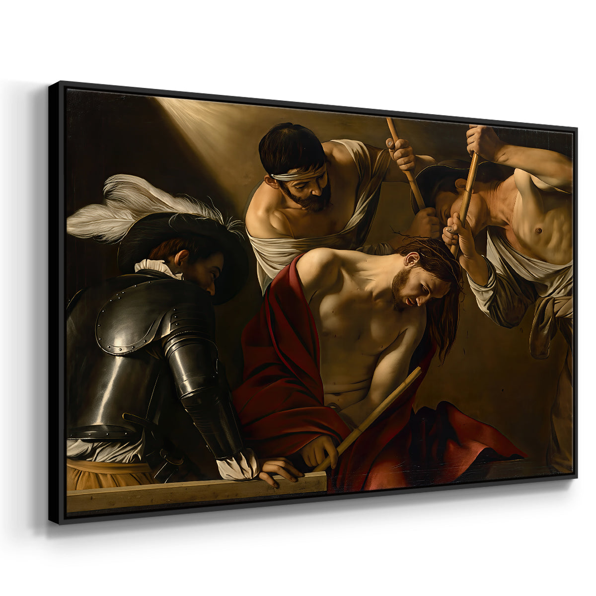 Angled view of The Crowning with Thorns (Vienna Version), c. 1602-1604 by Caravaggio in a black floater framed canvas.