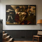 Black floater framed canvas featuring an intense religious composition with strong shadow and physical struggle, displayed in a hallway near a staircase.