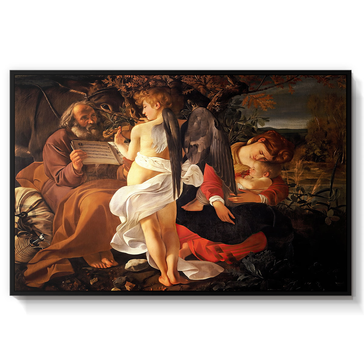 Rest on the Flight into Egypt, c. 1597 by Caravaggio in a black floater framed canvas wall art display.
