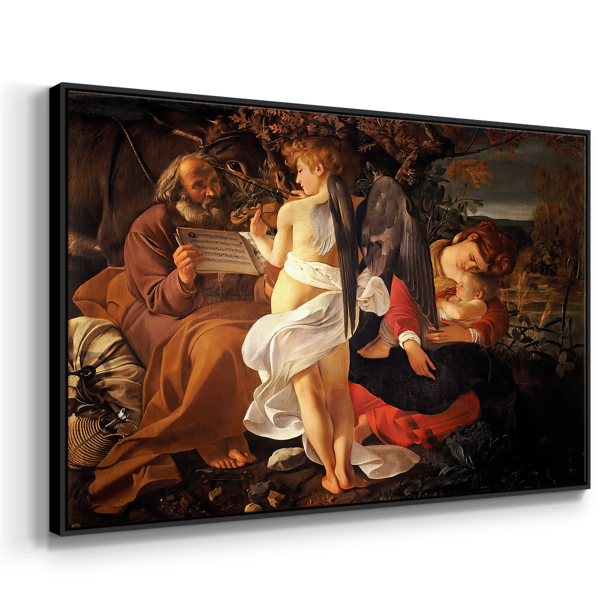 Angled view of Rest on the Flight into Egypt, c. 1597 by Caravaggio in a black floater framed canvas.