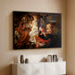 Black floater framed canvas of Rest on the Flight into Egypt, c. 1597 by Caravaggio, featuring a biblical scene of Mary, Joseph, and infant resting with angel musician above a console cabinet in a minimalist entryway.