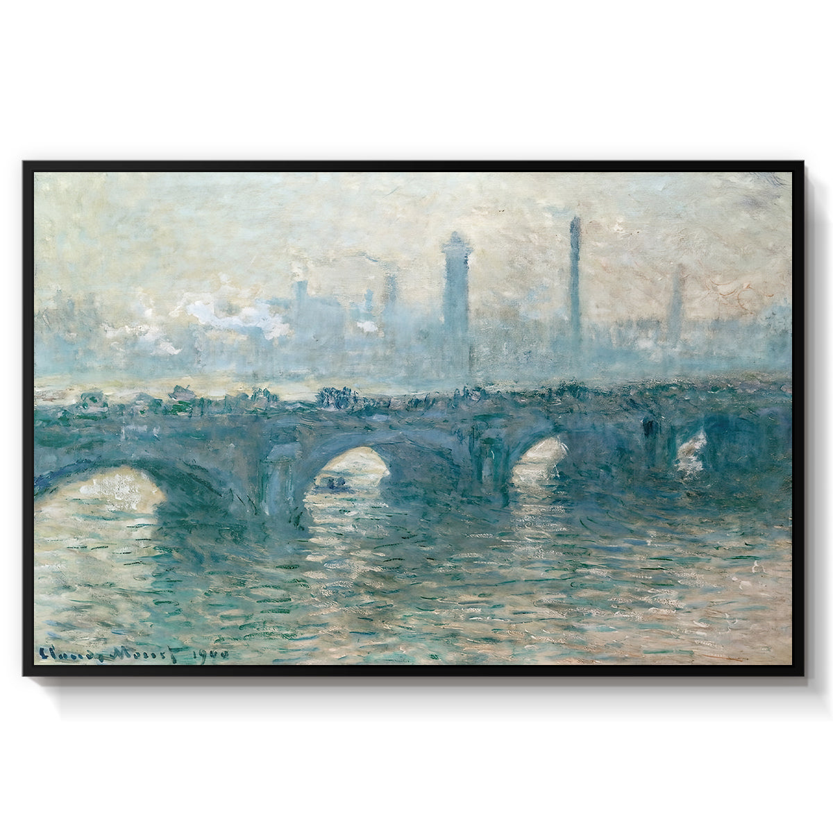 Waterloo Bridge, Gray Weather, 1900 by Claude Monet in a black floater framed canvas wall art display.