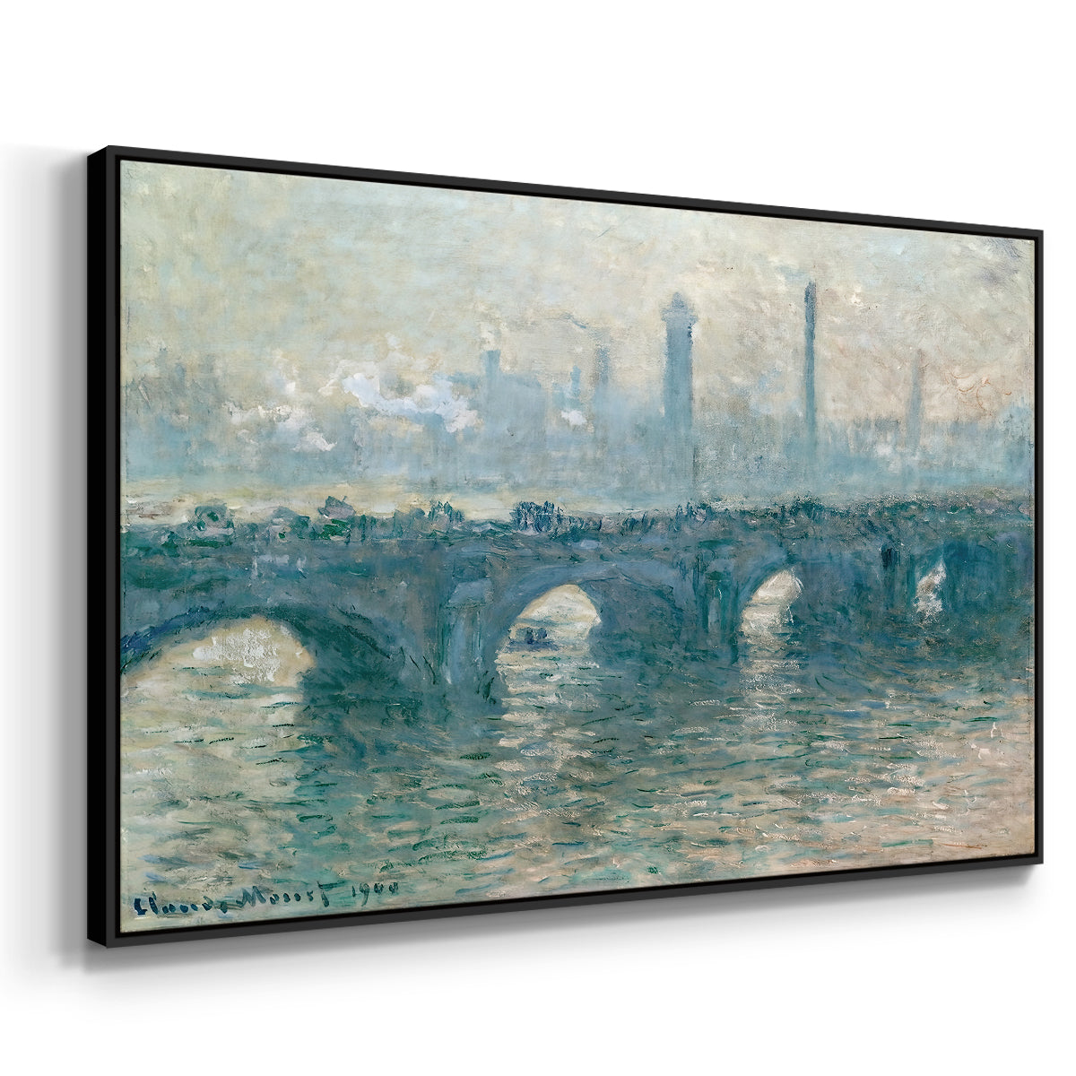 Angled view of Waterloo Bridge, Gray Weather, 1900 by Claude Monet in a black floater framed canvas.