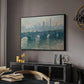Waterloo Bridge, Gray Weather, 1900 by Claude Monet in a black floater framed canvas featuring a soft-toned river scene with bridge and muted skyline, displayed above a desk in a dark home office interior.
