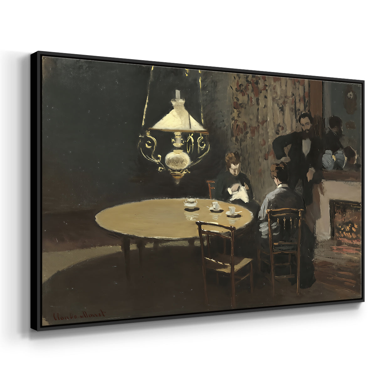 Angled view of Interior, after Dinner, 1868-1869 by Claude Monet in a black floater framed canvas.