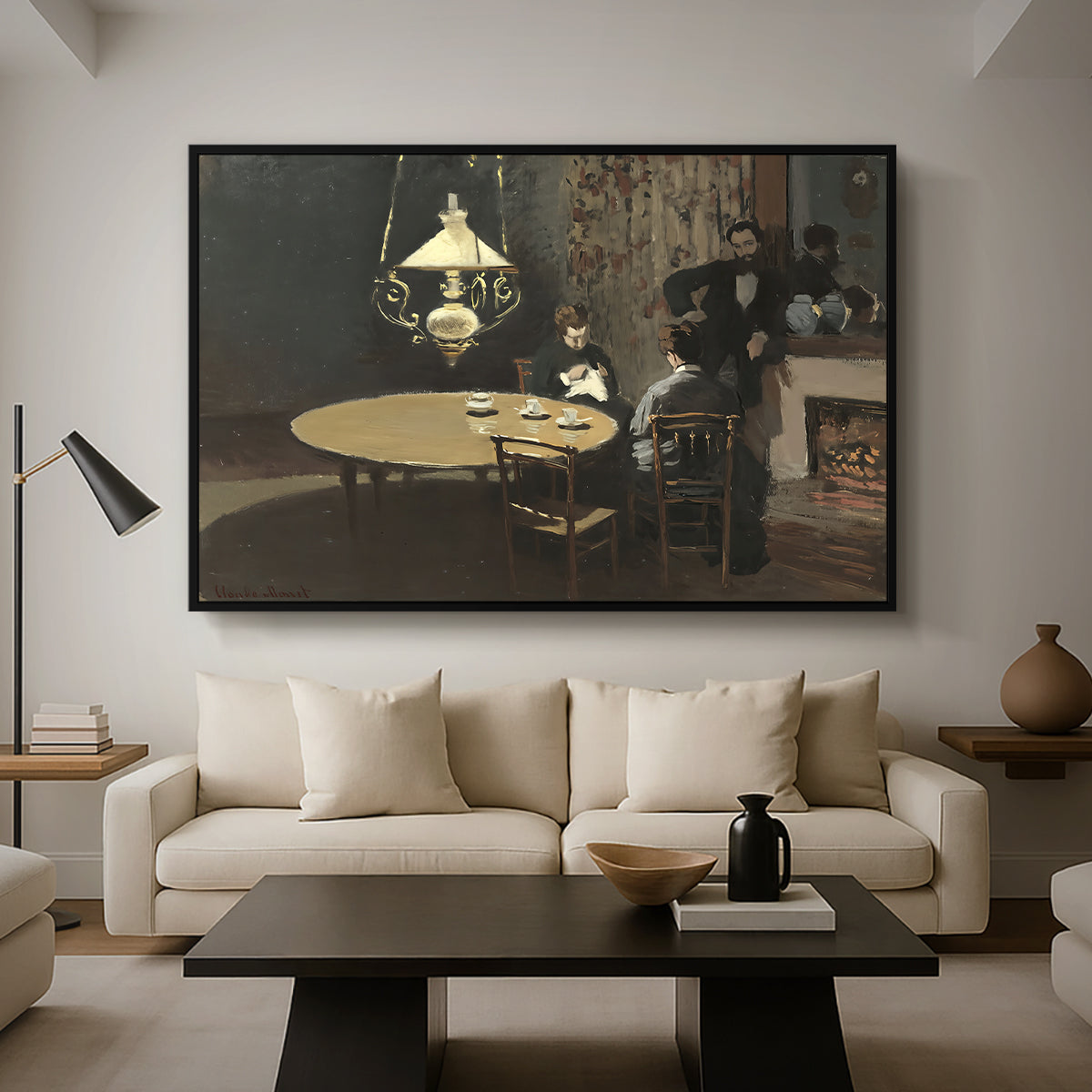 Interior, after Dinner, 1868-1869 by Claude Monet as a black floater framed canvas featuring a dimly lit interior with table setting and figure seated after meal, displayed above a sofa in a modern living room.