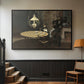 Black floater framed canvas featuring an intimate indoor scene with figure and table in low lighting, displayed in a hallway near a staircase.