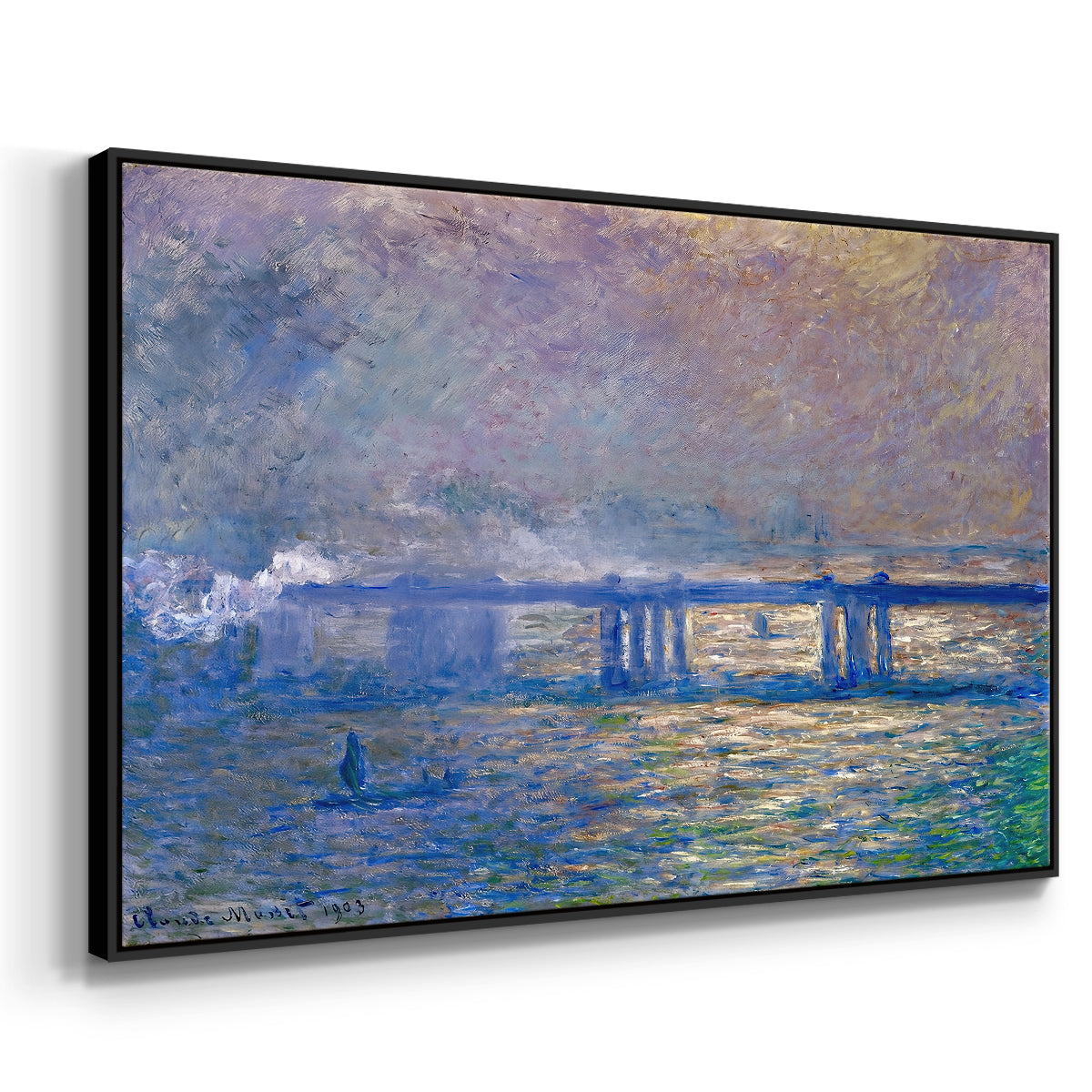Angled view of Charing Cross Bridge, 1903 by Claude Monet in a black floater framed canvas.
