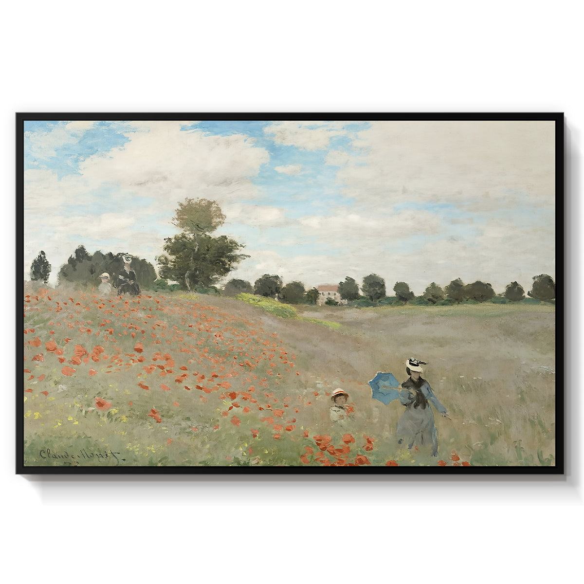 The Poppy Field near Argenteuil, 1873 by Claude Monet in a black floater framed canvas wall art display.