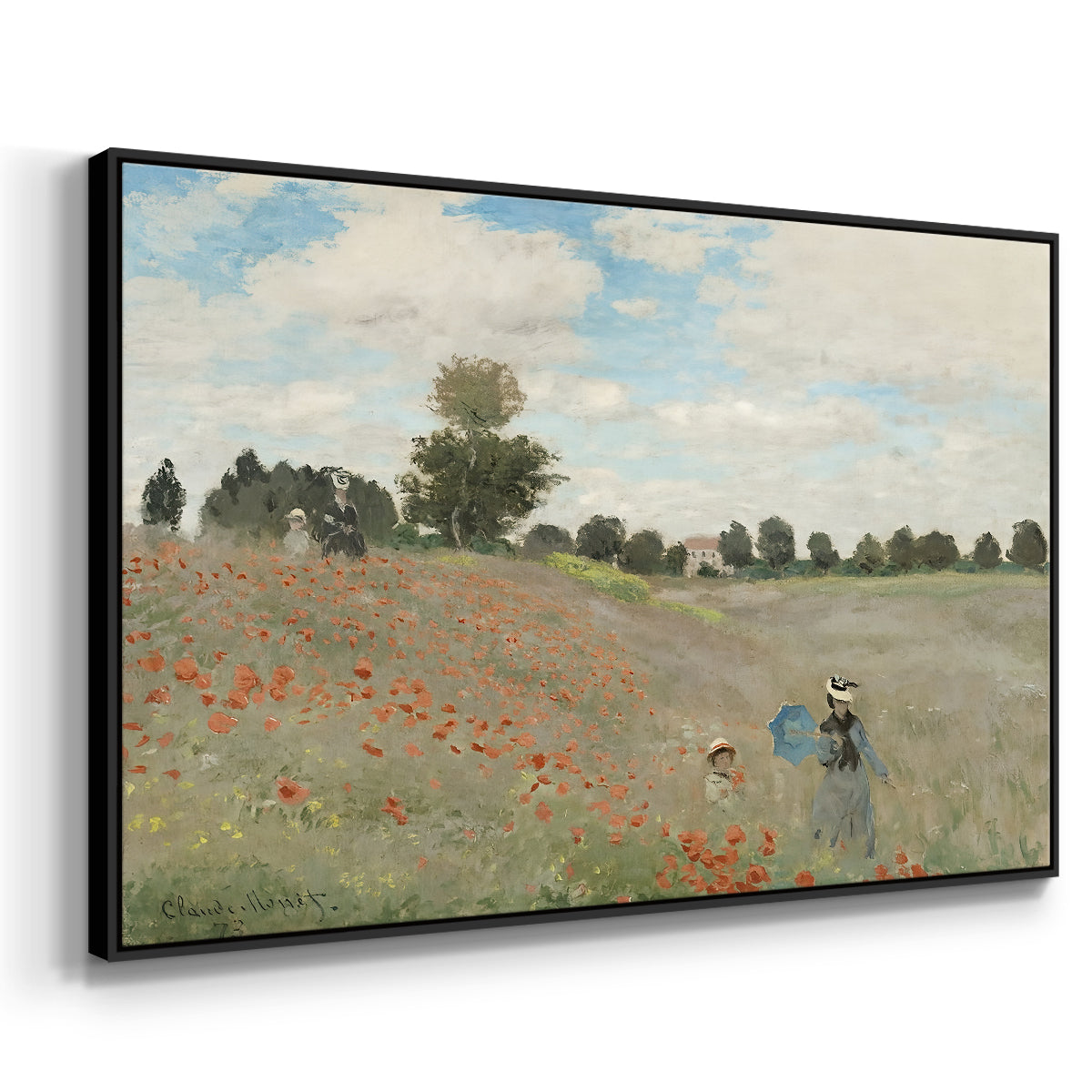 Angled view of The Poppy Field near Argenteuil, 1873 by Claude Monet in a black floater framed canvas.