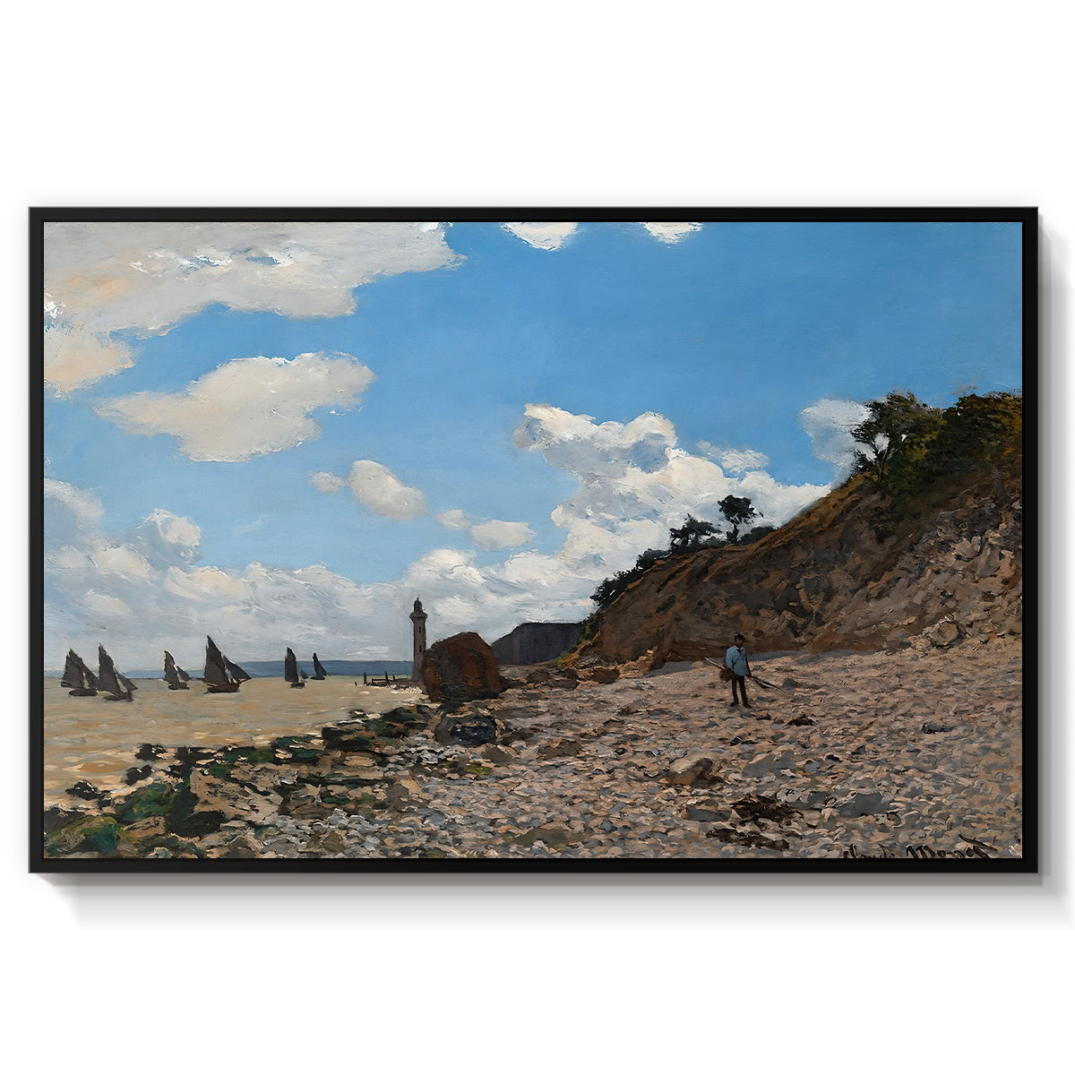 The Beach at Honfleur, 1864 by Claude Monet in a black floater framed canvas wall art display.