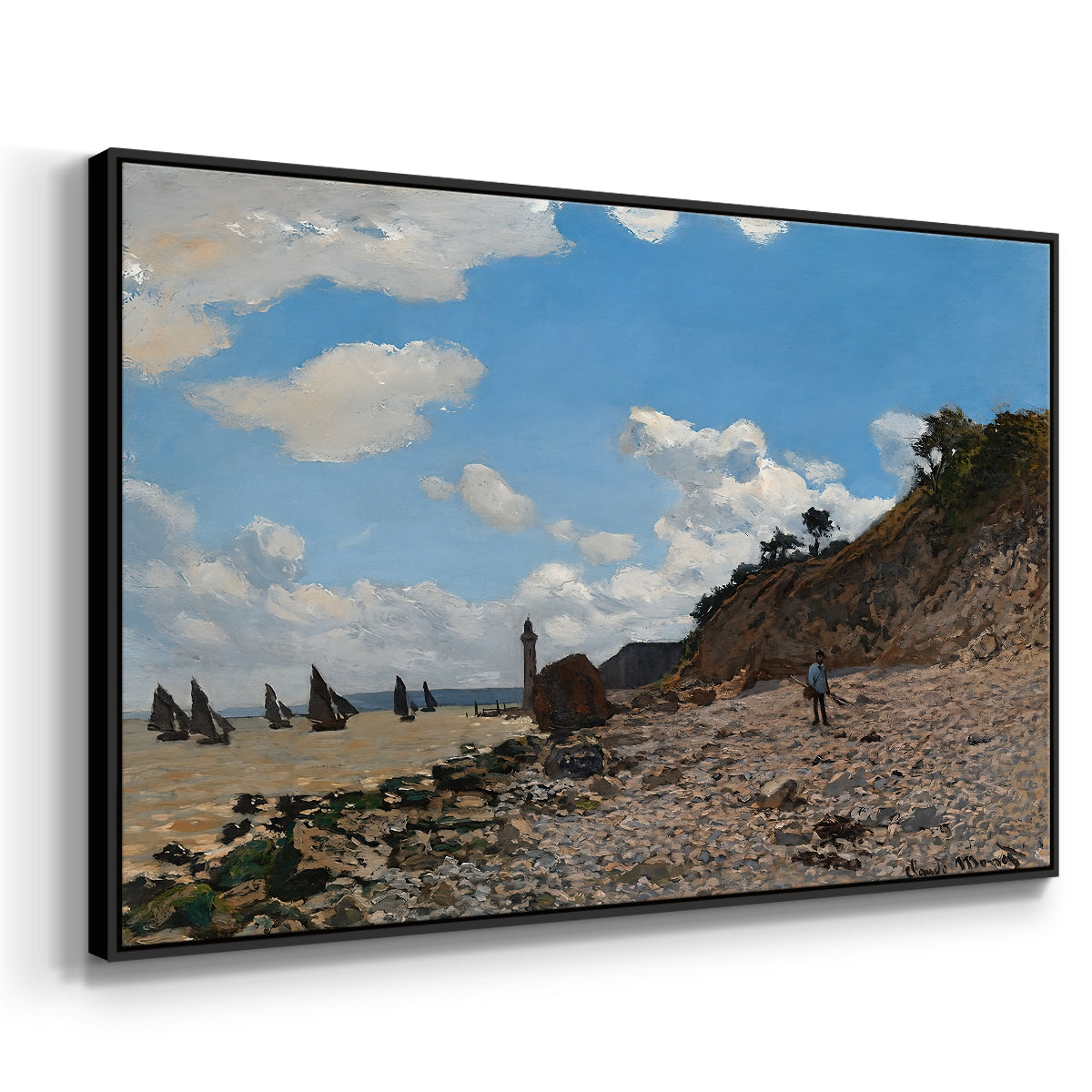 Angled view of The Beach at Honfleur, 1864 by Claude Monet in a black floater framed canvas.
