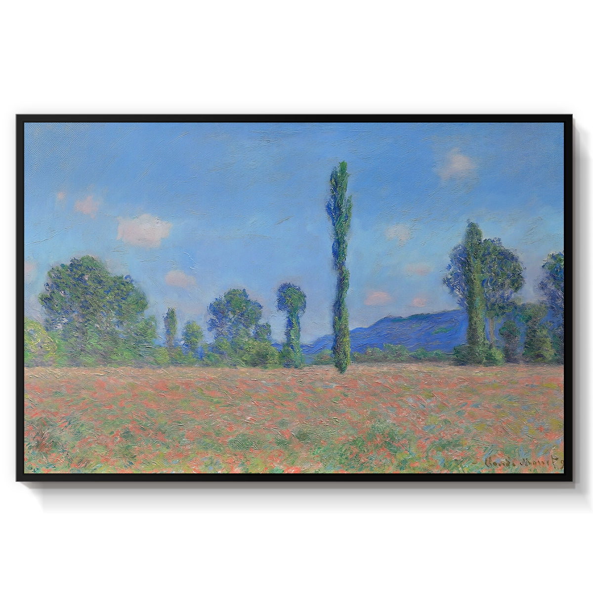 Poppy Field (Giverny), 1890-1891 by Claude Monet in a black floater framed canvas wall art display.
