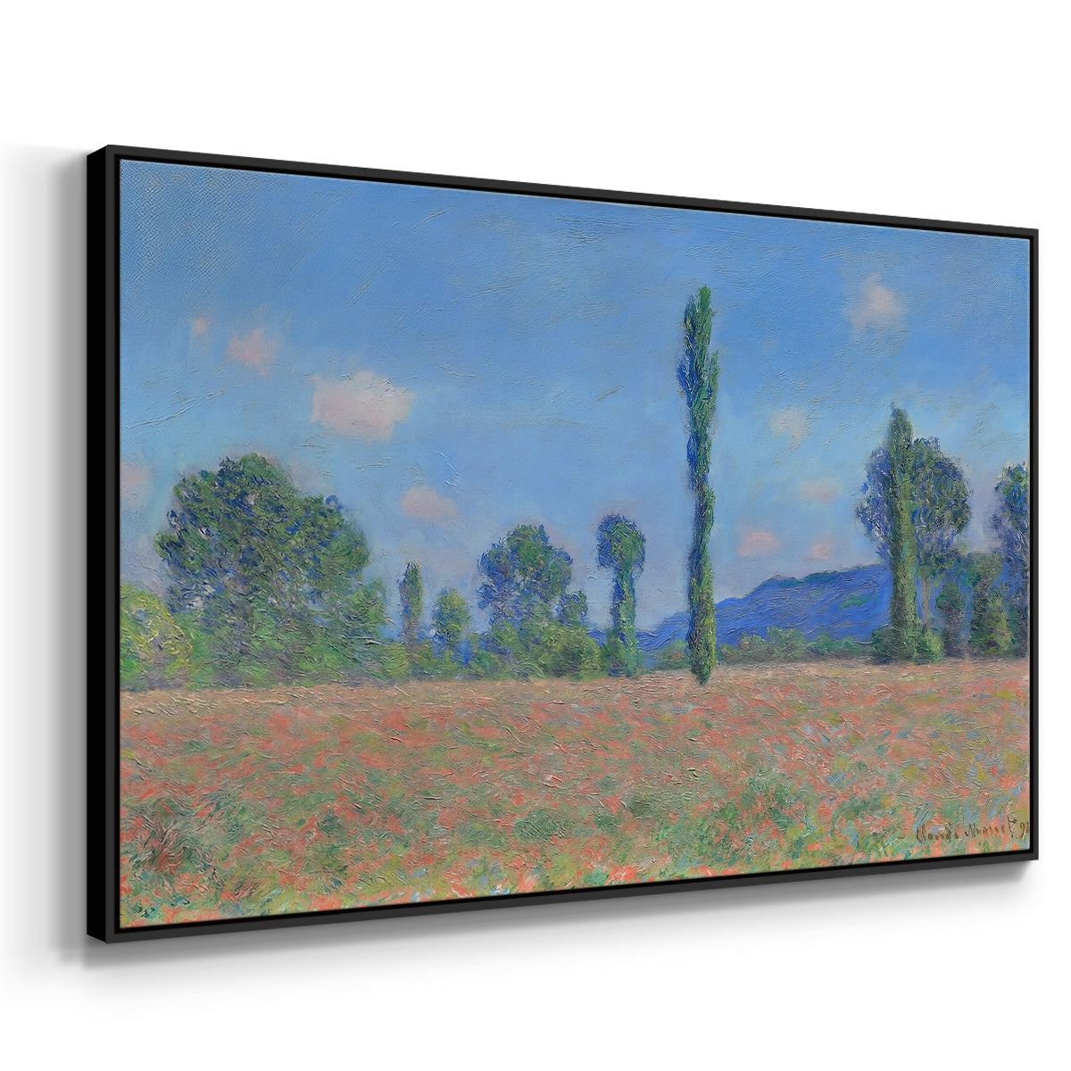Angled view of Poppy Field (Giverny), 1890-1891 by Claude Monet in a black floater framed canvas.