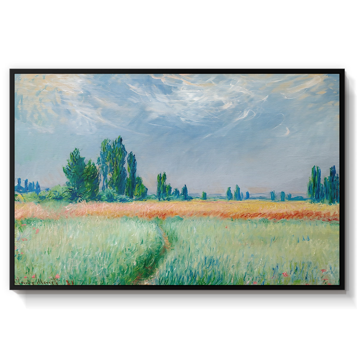 The Wheat Field (Champ de Blé), 1881 by Claude Monet in a black floater framed canvas wall art display.