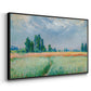 Angled view of The Wheat Field (Champ de Blé), 1881 by Claude Monet in a black floater framed canvas.