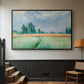 Black floater framed canvas featuring a serene rural scene with textured wheat under natural light, displayed in a hallway near a staircase.