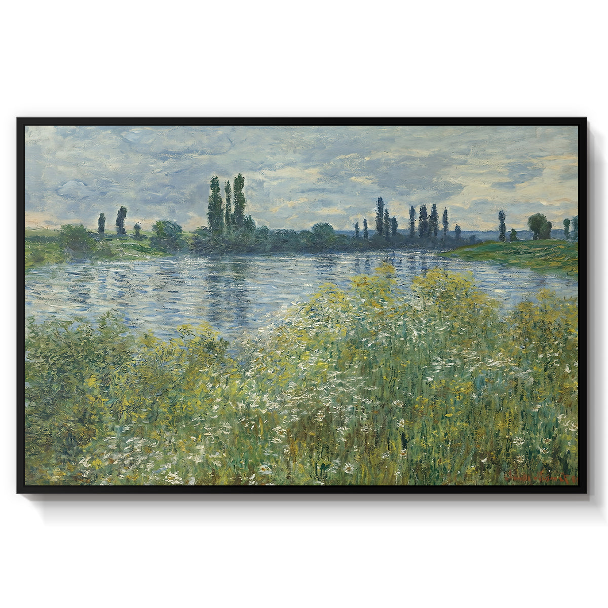 Banks of the Seine, Vétheuil, 1880 by Claude Monet in a black floater framed canvas wall art display.