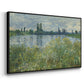 Angled view of Banks of the Seine, Vétheuil, 1880 by Claude Monet in a black floater framed canvas.