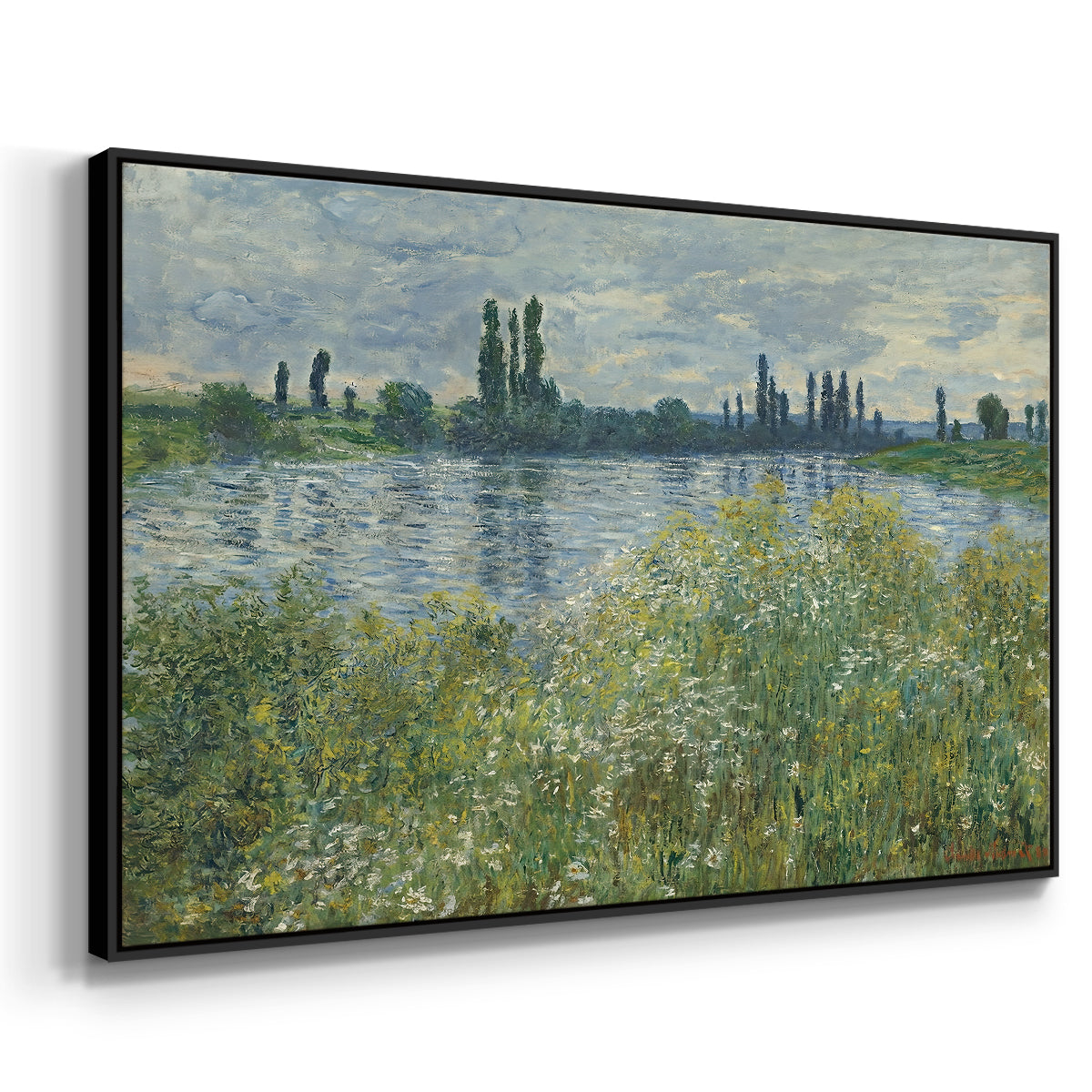 Angled view of Banks of the Seine, Vétheuil, 1880 by Claude Monet in a black floater framed canvas.