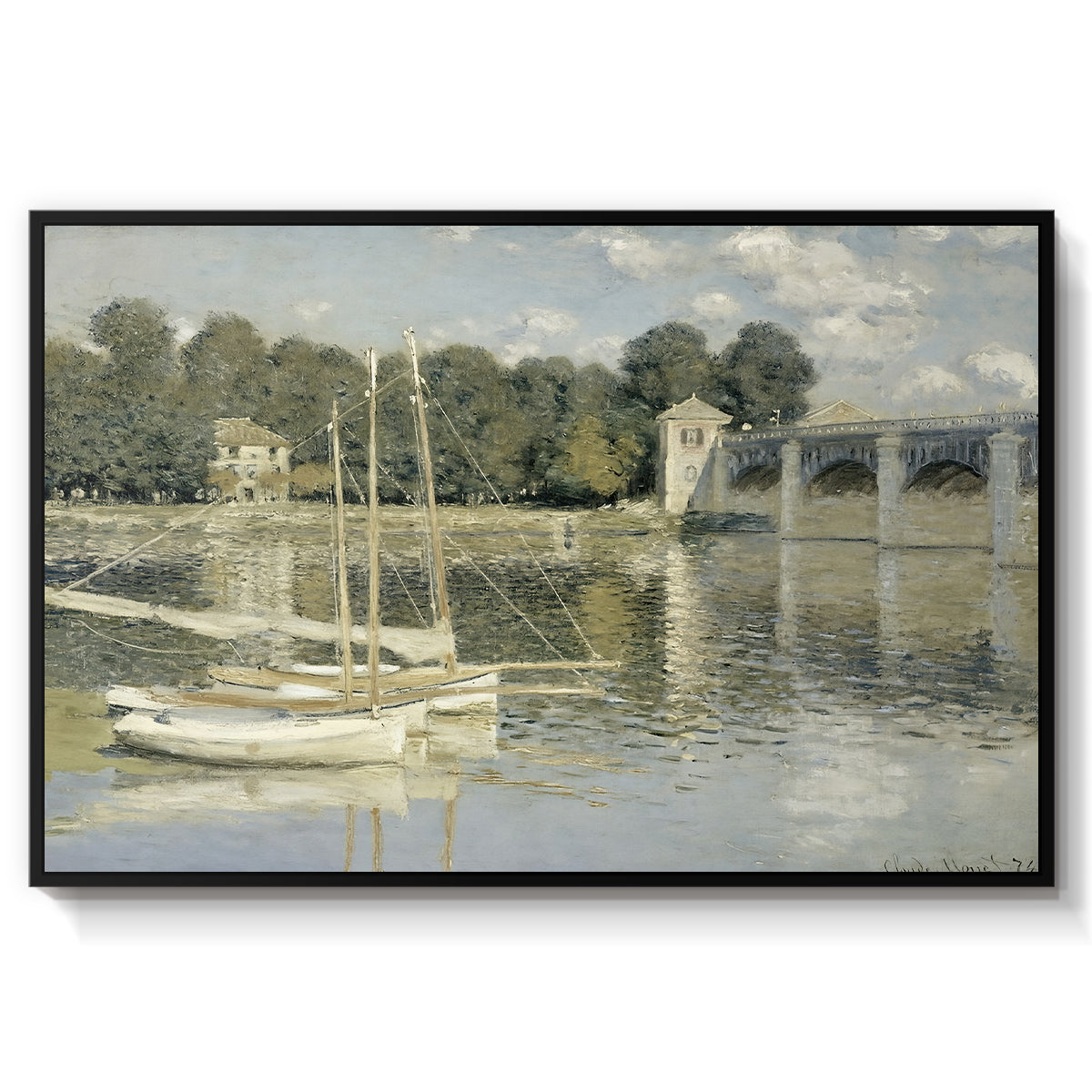 The Bridge at Argenteuil, 1874 by Claude Monet in a black floater framed canvas wall art display.