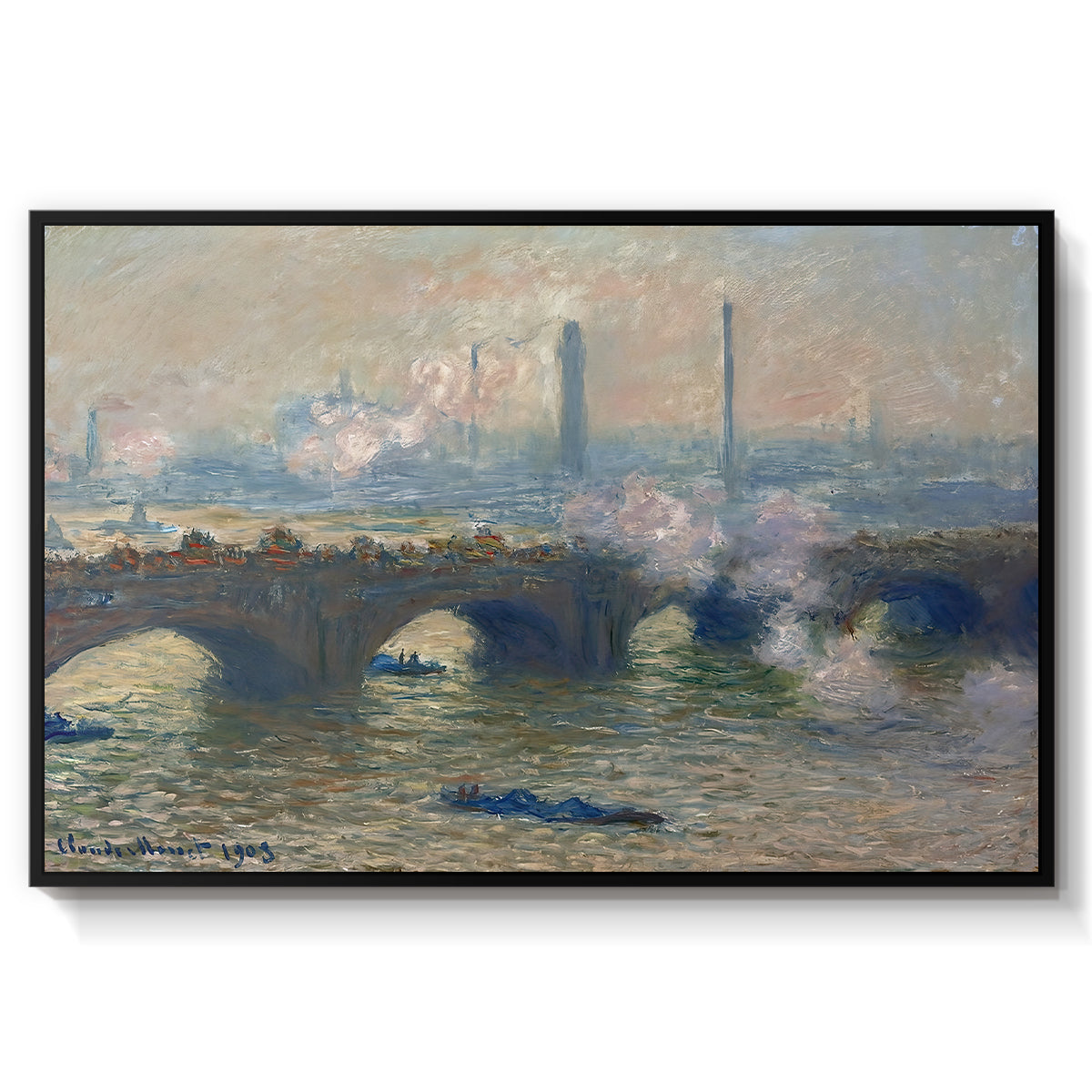 Waterloo Bridge, Gray Day, 1903 by Claude Monet in a black floater framed canvas wall art display.