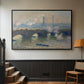 Black floater framed canvas featuring a foggy London bridge view with softened architectural forms, displayed in a hallway near a staircase.