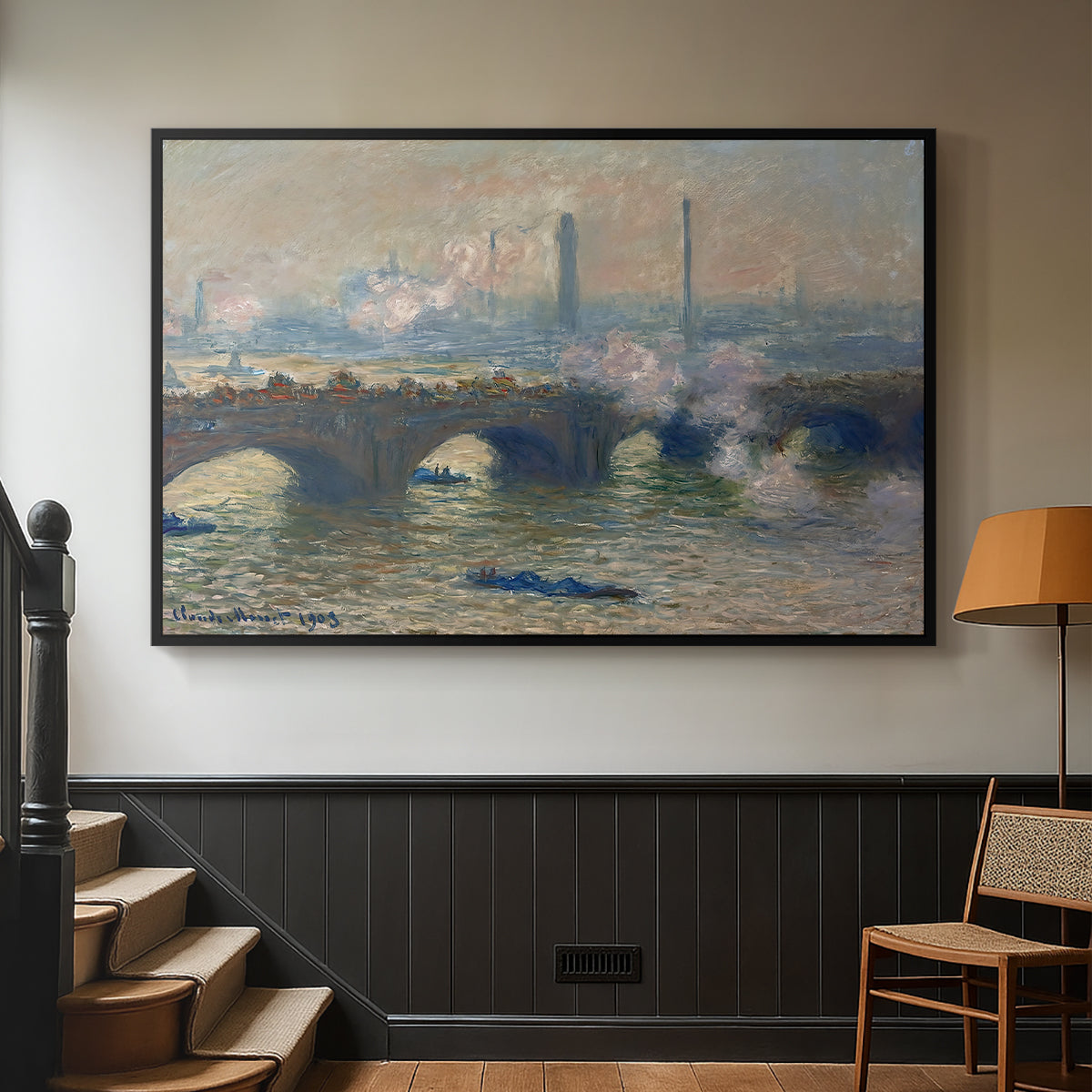 Black floater framed canvas featuring a foggy London bridge view with softened architectural forms, displayed in a hallway near a staircase.