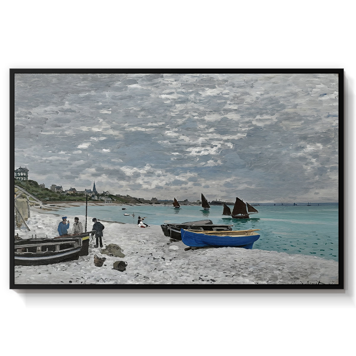 The Beach at Sainte-Adresse, 1867 by Claude Monet in a black floater framed canvas wall art display.