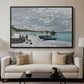 The Beach at Sainte-Adresse, 1867 by Claude Monet displayed in a black floater framed canvas above a sofa in a clean living room.