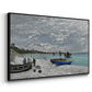 Angled view of The Beach at Sainte-Adresse, 1867 by Claude Monet in a black floater framed canvas.