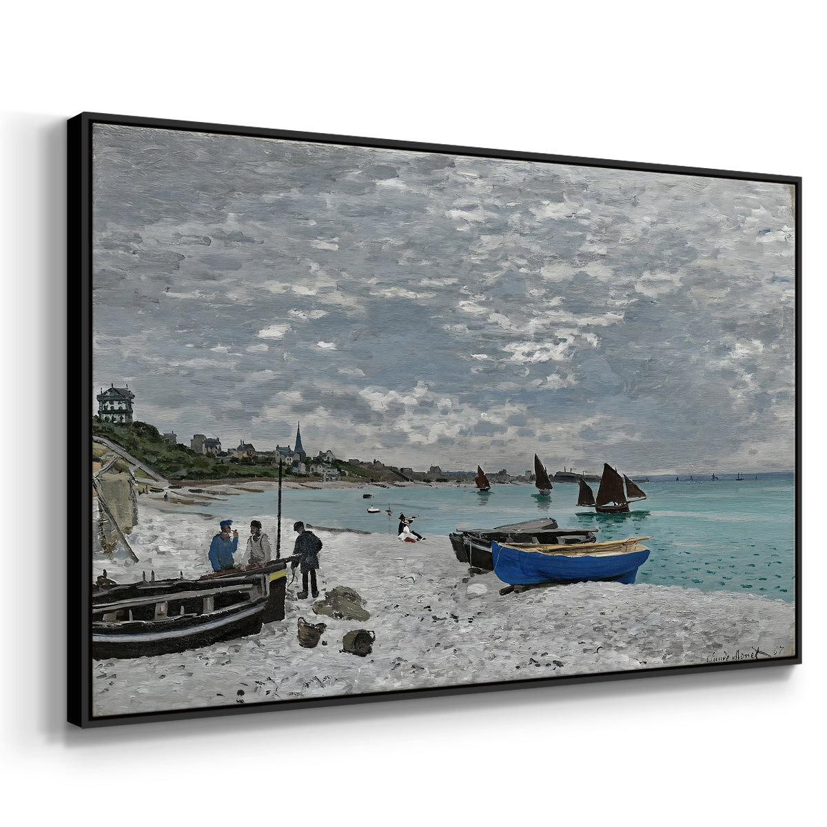 Angled view of The Beach at Sainte-Adresse, 1867 by Claude Monet in a black floater framed canvas.