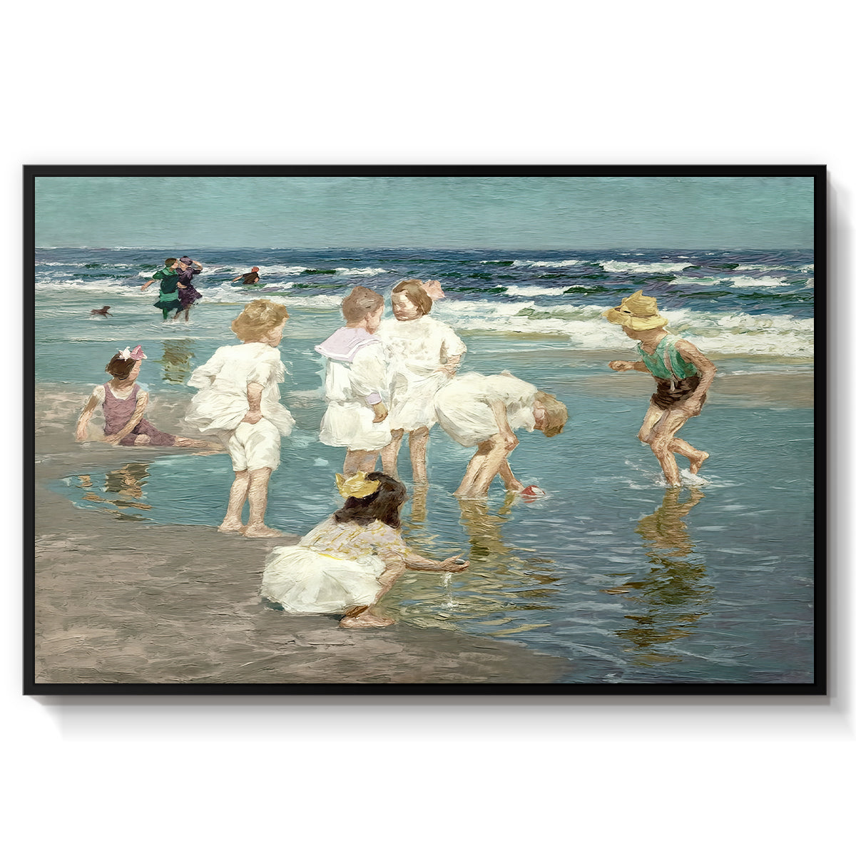 A Holiday, c. 1915 by Edward Henry Potthast in a black floater framed canvas wall art display.