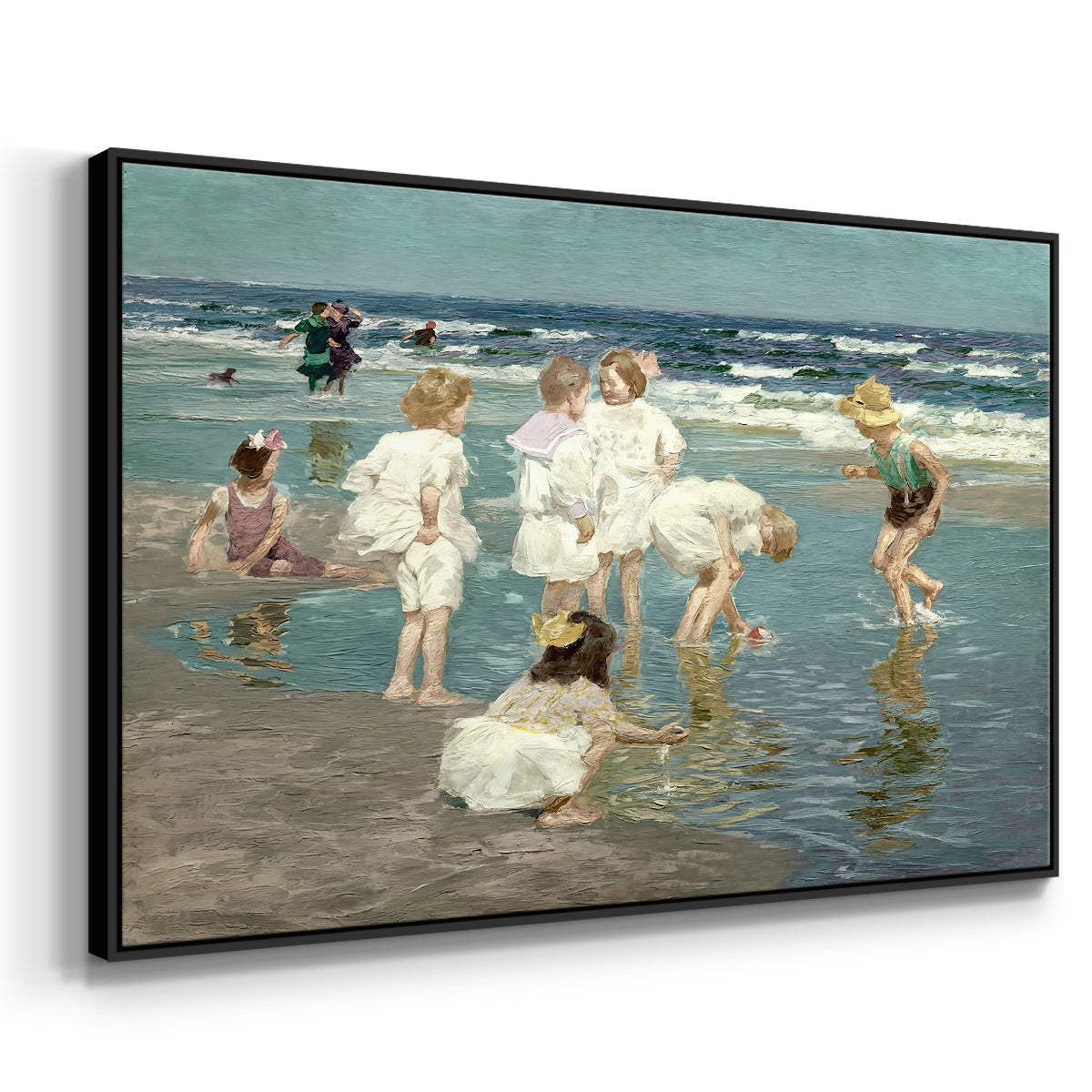 Angled view of A Holiday, c. 1915 by Edward Henry Potthast in a black floater framed canvas.