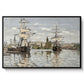 Ships Riding on the Seine at Rouen, 1872 by Claude Monet in a black floater framed canvas wall art display.