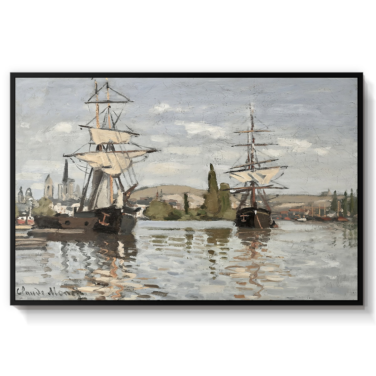 Ships Riding on the Seine at Rouen, 1872 by Claude Monet in a black floater framed canvas wall art display.