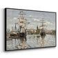 Angled view of Ships Riding on the Seine at Rouen, 1872 by Claude Monet in a black floater framed canvas.
