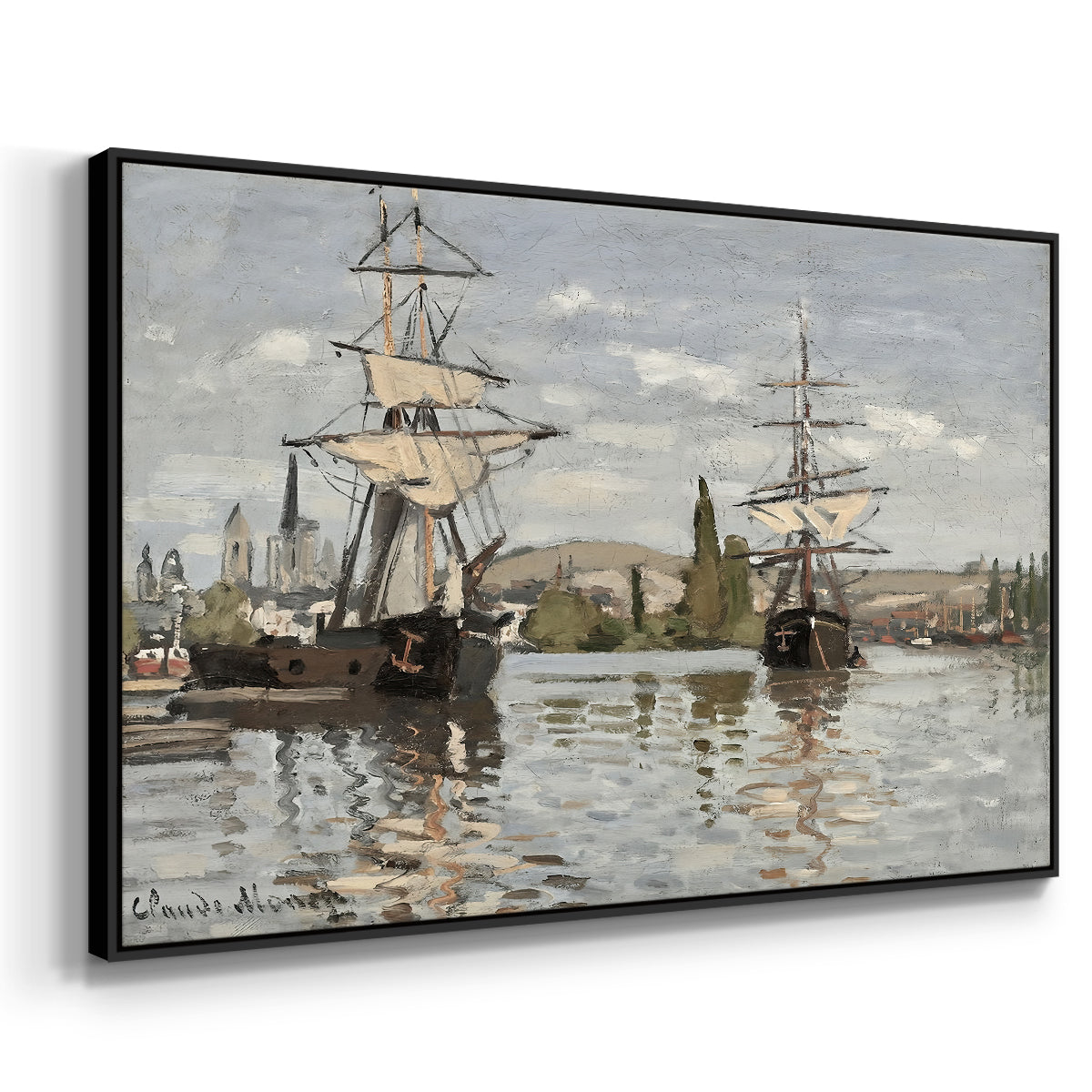 Angled view of Ships Riding on the Seine at Rouen, 1872 by Claude Monet in a black floater framed canvas.