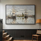 Black floater framed canvas featuring a nautical landscape with vessels resting on calm water, displayed in a hallway near a staircase.