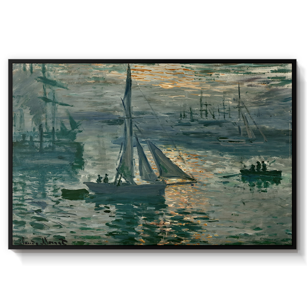 Sunrise (Marine), 1873 by Claude Monet in a black floater framed canvas wall art display.