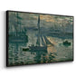 Angled view of Sunrise (Marine), 1873 by Claude Monet in a black floater framed canvas.