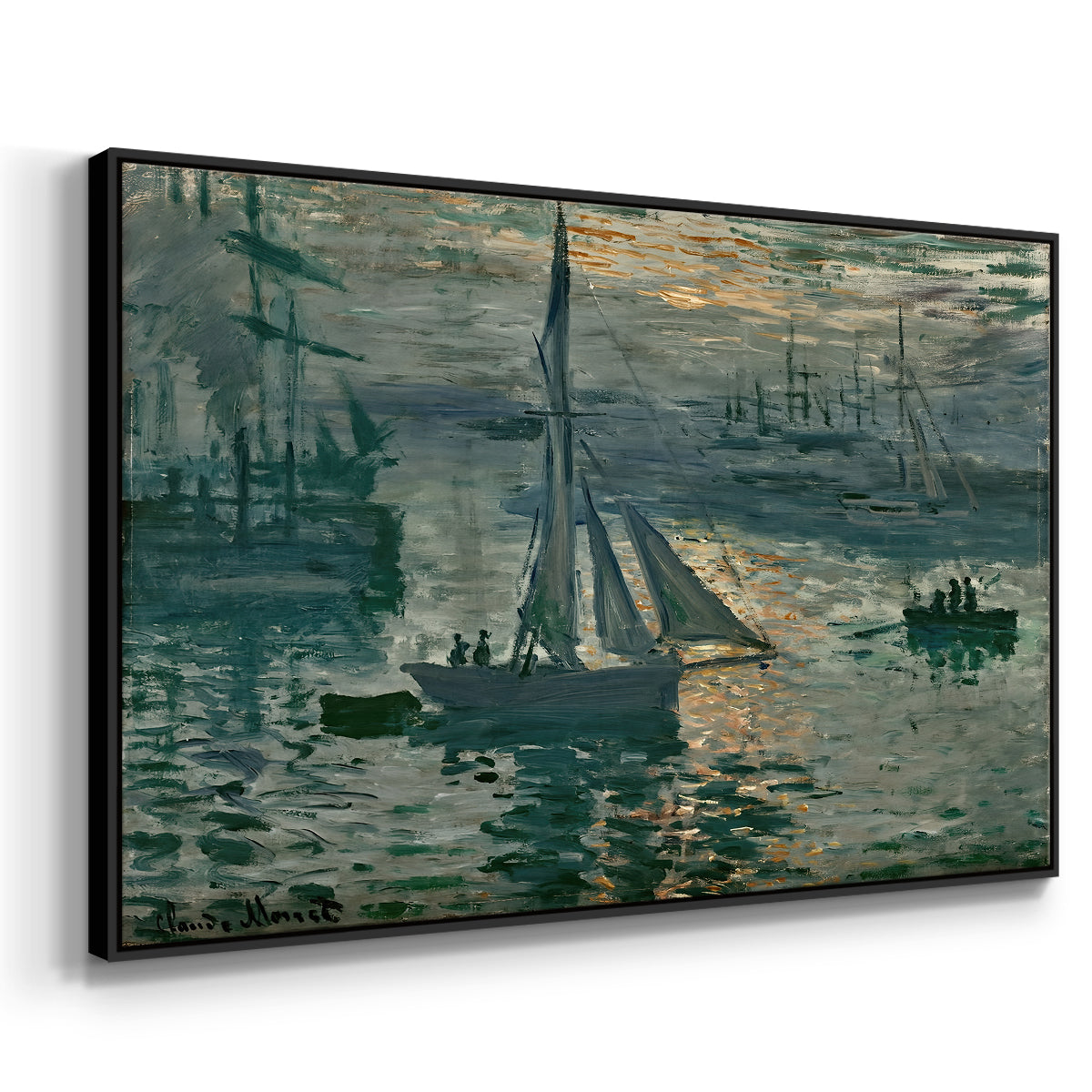 Angled view of Sunrise (Marine), 1873 by Claude Monet in a black floater framed canvas.