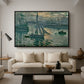 Sunrise (Marine), 1873 by Claude Monet as a black floater framed canvas featuring a hazy sunrise over harbor with boats silhouetted in soft morning light, displayed above a sofa in a modern living room.