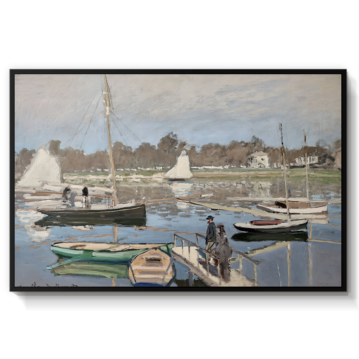 The Basin at Argenteuil, 1874 by Claude Monet in a black floater framed canvas wall art display.
