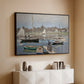 Black floater framed canvas of The Basin at Argenteuil, 1874 by Claude Monet, featuring an impressionist boating scene with clustered masts and gentle ripples above a console cabinet in a minimalist entryway.