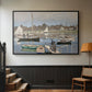 Black floater framed canvas featuring a tranquil river setting with sailboats and shoreline, displayed in a hallway near a staircase.