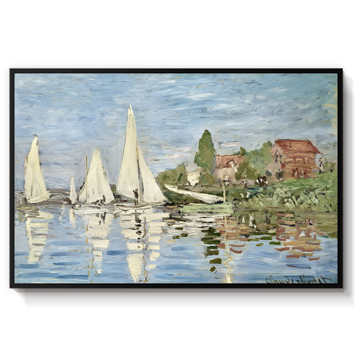 Regatta at Argenteuil, 1872 by Claude Monet in a black floater framed canvas wall art display.